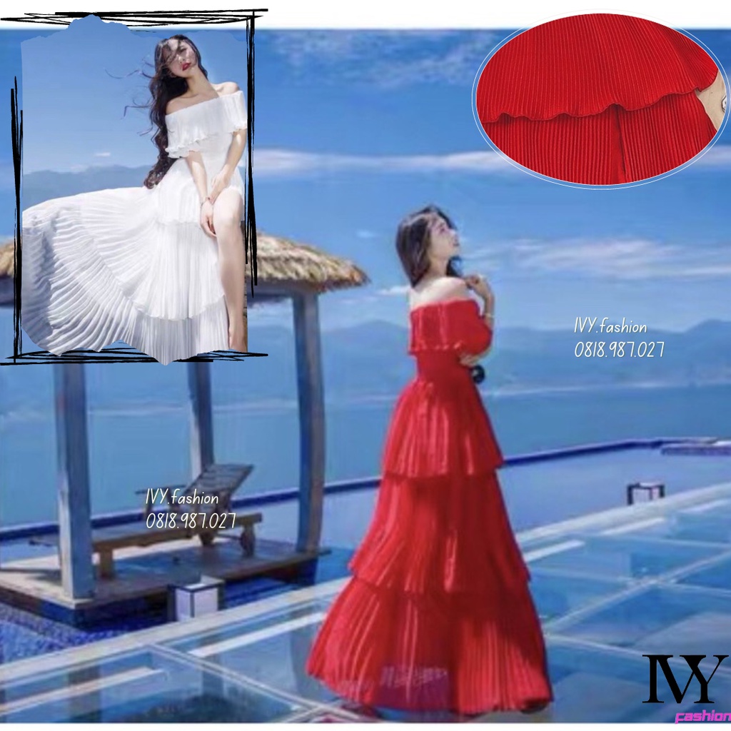 Đầm Maxi 🔥 voan dập ly 🔥 xếp ly đỏ trắng trễ vai tầng cúp ngực xoè dài đi biển dự tiệc dạo phố bigsize gợi cảm sexy