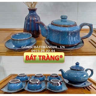 BỘ ẤM TRÀ GỐM SỨ BÁT TRÀNG ẤM CHÉN SỨ MEN HỎA BIẾN MÀU XANH CAO CẤP