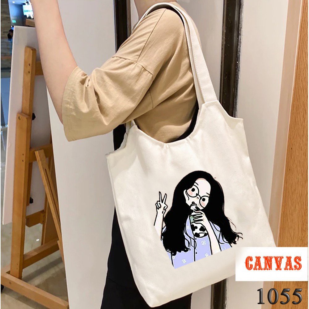 Túi Tote Trắng Chất Vải Canvas 1055 Cô Bé Trà Sữa Dễ Thương Hàng Chuẩn Đẹp - Hazo