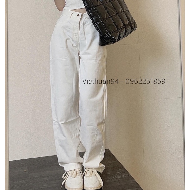 Quần jeans trắng chất liệu bò dày đẹp cạp cao phom suông rộng hack dáng