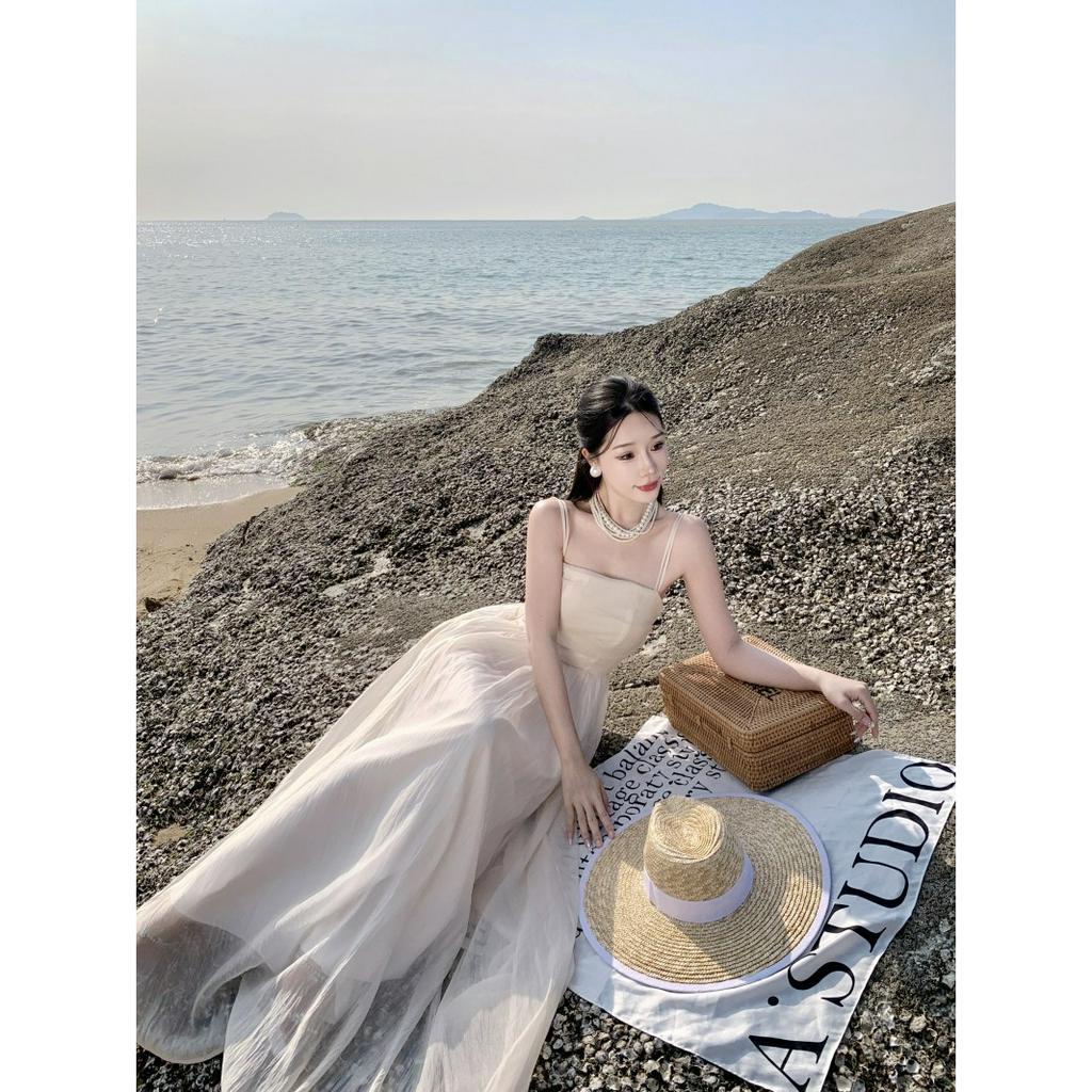 Đầm maxi voan tơ hai dây nàng thơ chụp hình siêu xinh, váy maxi 2 dây voan tơ kiểu nàng thơ đi biển