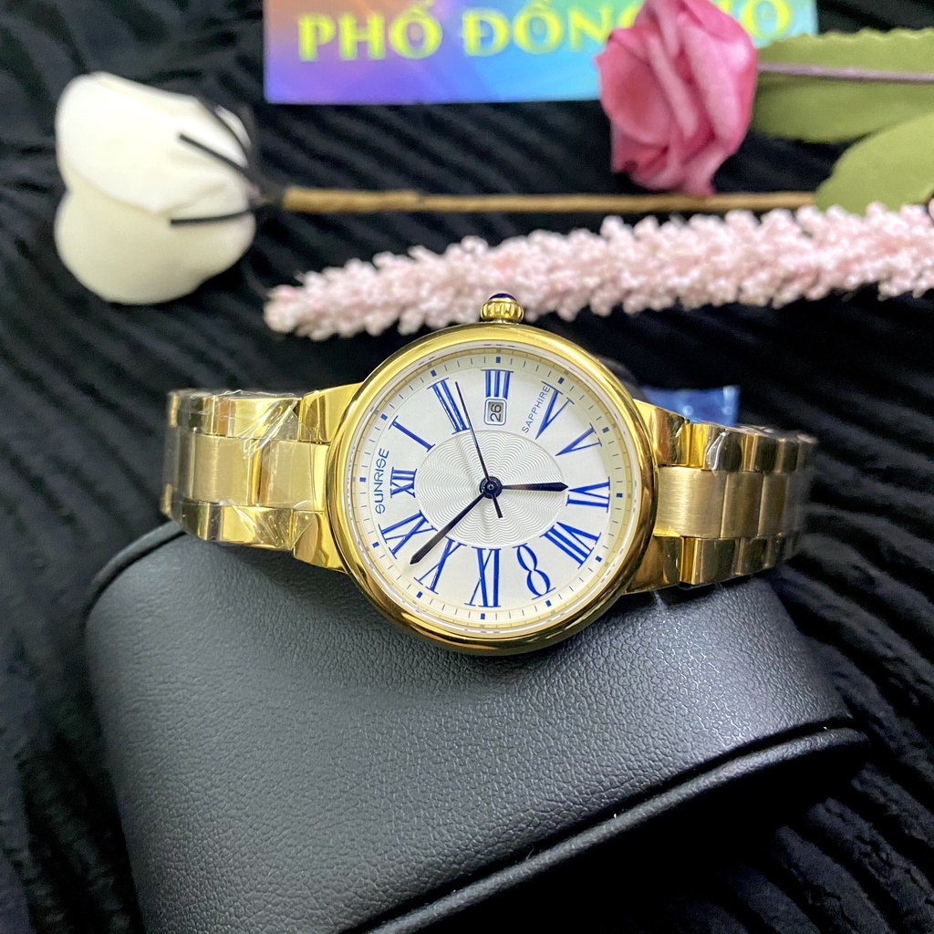Đồng hồ nữ dây kim loại mặt kính chống xước sapphire Sunrise 2133 2133SA SL2133LK trắng