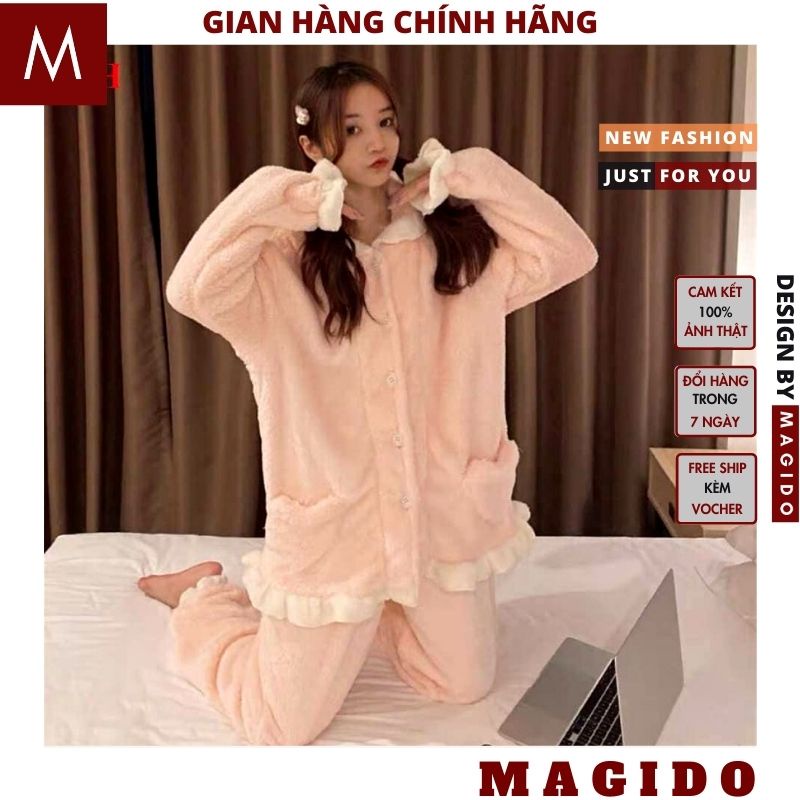 bộ ngủ lông 💚bộ lông mặc ngủ mùa đông -tai thỏ viền bèo hồng trắng, phong cách ulzzang, vintage CUTE MAGIDO | BigBuy360 - bigbuy360.vn