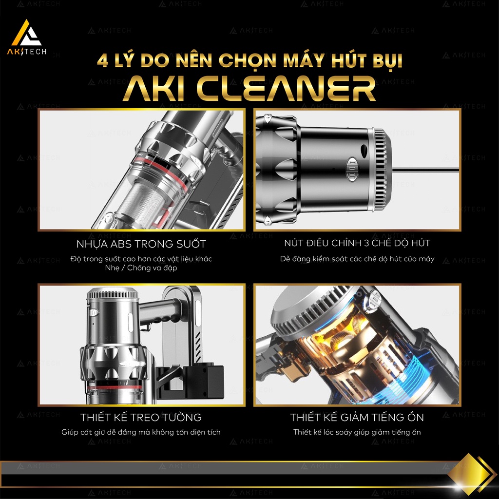 Máy hút bụi cầm tay không dây AKI CLEANER hút giường đệm sofa, Robot hút bụi nhà cửa lực hút 12000Pa