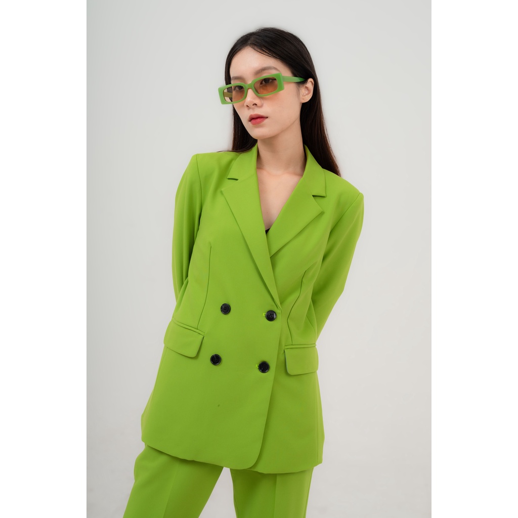 Áo vest nữ blazer KHÀN áo khoác nữ màu xanh lá cá tính thời thượng 4 nút 2 lớp phong cách Hàn Quốc