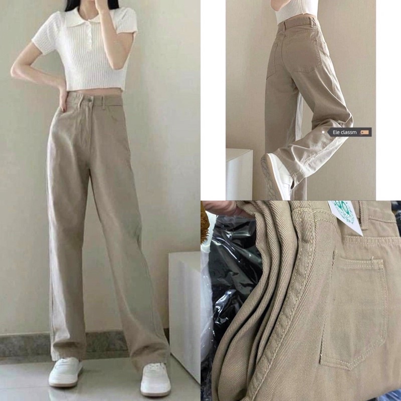 Quần jean nữ màu nâu sữa lưng cạp cao ống suông dài phom rộng chất đẹp loại 1 phong cách Ulzzang