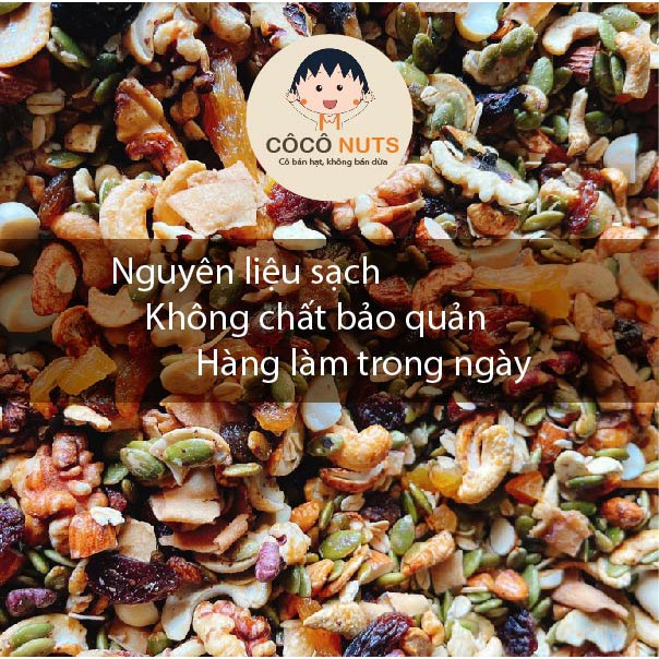 Granola siêu Hạt &amp; Quả 500g Coconuts, Granola ăn kiêng, Ngũ cốc giảm cân thêm Macca, Óc chó đỏ