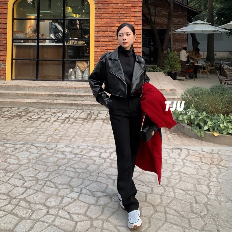 Áo khoác da nữ dáng ngắn 2 lớp , áo khoác croptop, leather jacket, ulzzang, thiết kế T-Ju (trendy croptop)