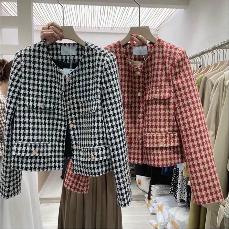 Áo Khoác Nữ Dạ Kẻ Tweed - Halinh Shop - Áo Khoác Dạ 2 Lớp Cúc Đồng Hàn Quốc Mặc Thu Đông size S M