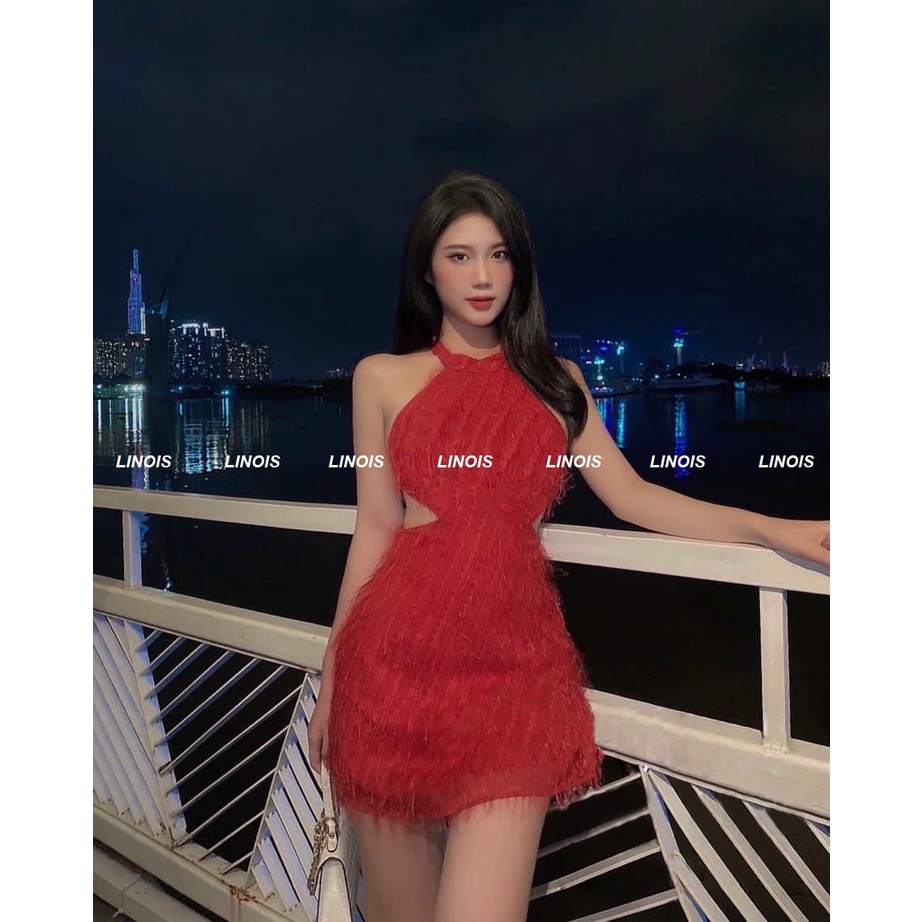 Đầm Tua Rua Cổ Yếm Thắt Nơ Khoét Eo Hở Lưng - Vải Lông Bông Tuyết - 3 Màu Đen, Đỏ, Trắng - Cho Nàng Đi Tiệc