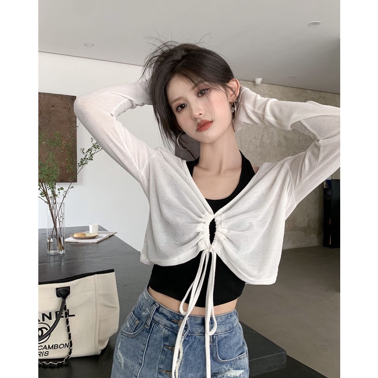 Áo Croptop Dệt Kim Dây Rút Tay Dài Chống Nắng Ôm Dáng Vừa Vặn Cho Nữ