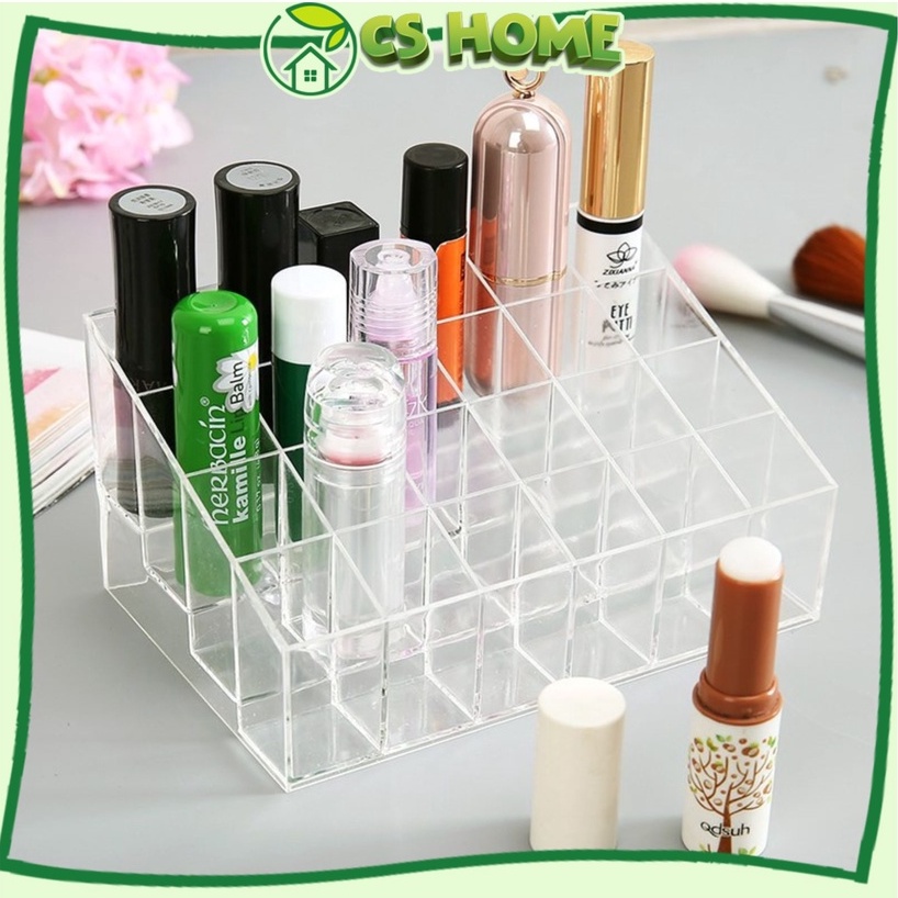 Khay đựng son 24 ô chứa được mỹ phẩm nhỏ cùng cọ trang điểm chất liệu Mika trong suốt, Hộp, kệ son 24 ô