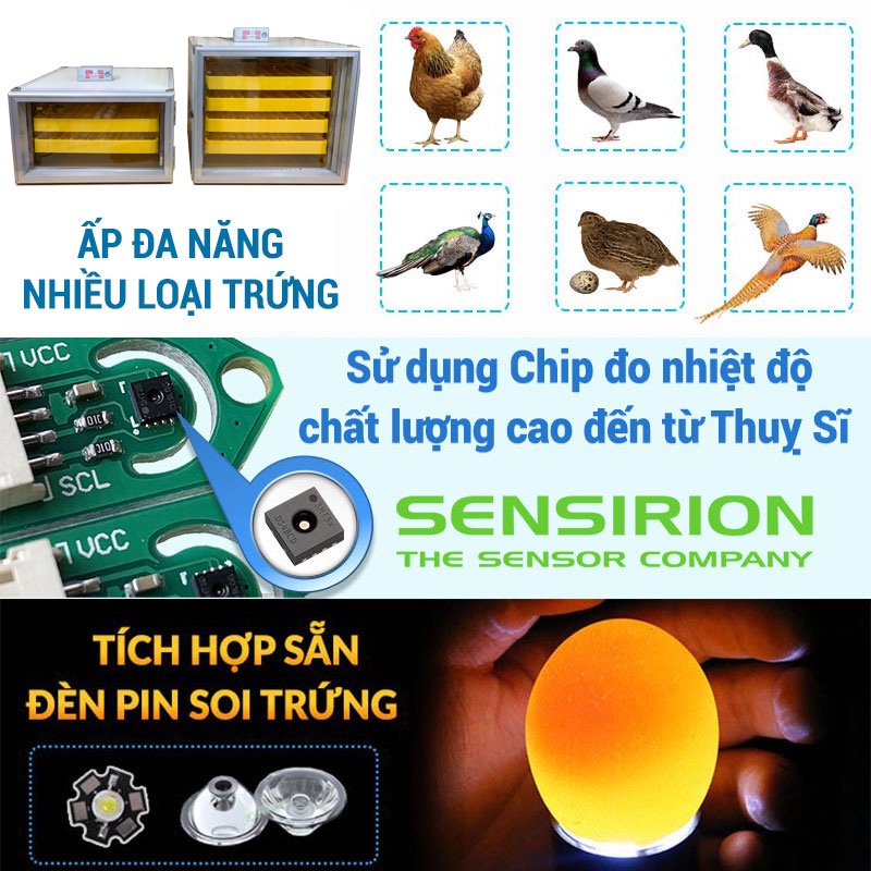 Máy Ấp Trứng Ánh Dương E100 - Tủ Tôn 3 Lớp - 2 Khay Nhựa Đảo Lăn Đa Năng - Phiên Bản Cao Cấp