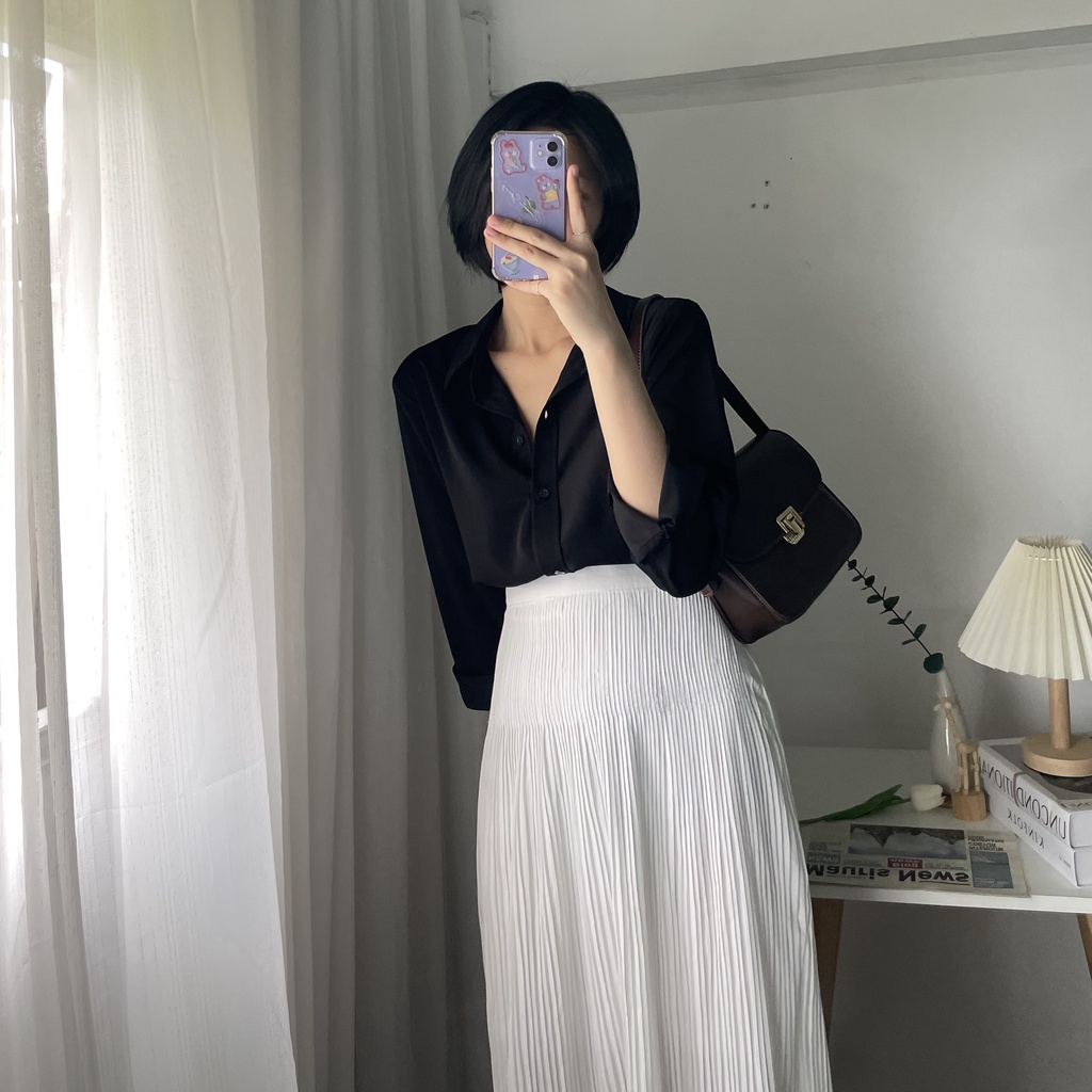 Áo sơ mi nữ màu đen dài tay dáng suông kiểu Hàn Quốc form rộng chất mát không nhăn mã AAS452