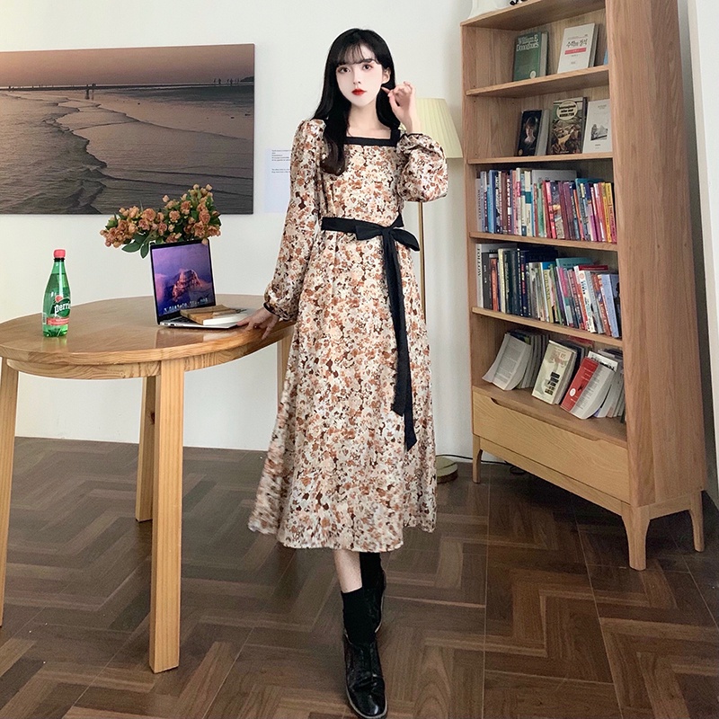 Đầm Hoa Tay Dài Cổ Vuông Cột Dây Thời Trang Thu Đông Phong Cách Pháp Cổ Điển Xinh Xắn Cho Nữ