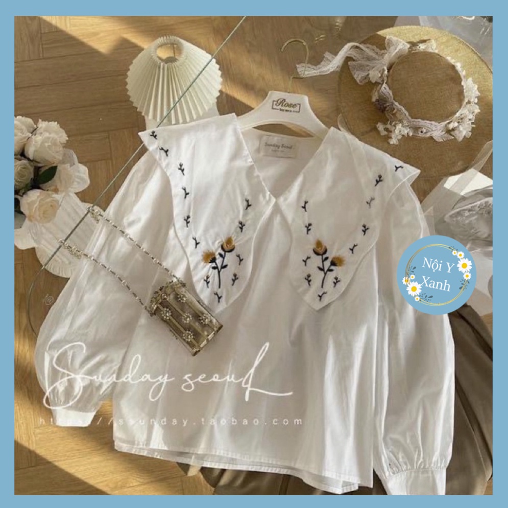 Áo sơ mi thêu hoa vitage hàng mới_007 ulzzang babydoll bánh bèo nội y xanh