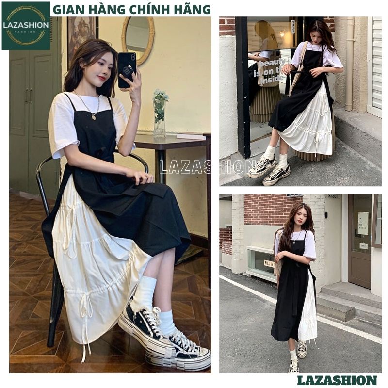 Set váy yếm đen trắng đầm nữ áo cộc tay croptop kèm váy 2 dây dài maxi dáng xòe kiểu dáng ulzaang hàn quốc hot trend