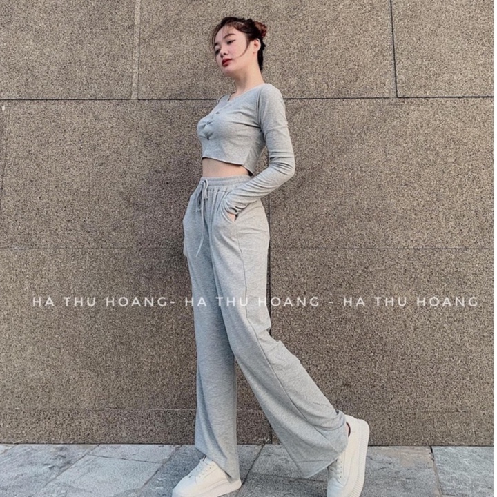 Set bộ croptop nữ thun gân mix quần ống rộng nữ cổ V đồ bộ nữ thể thao