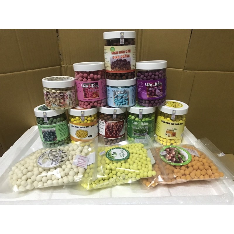 Combo 1 túi 500g viên mầm việt quất, matcha, sữa, cacao, khoai môn, dâu, 30 túi zíp 100g