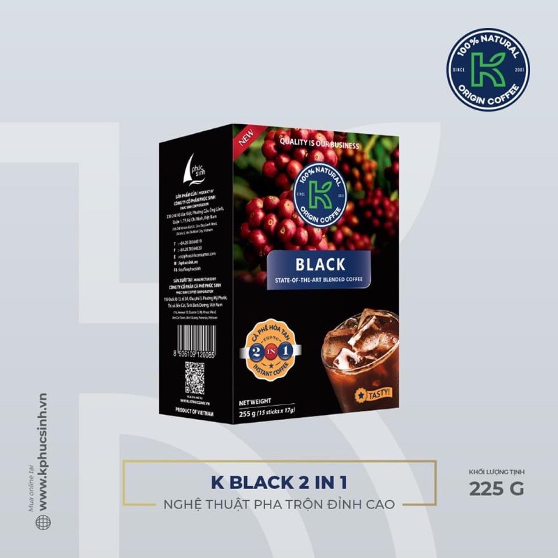 Cà Phê hoà Tan Black 2in1 Kcoffee hộp 255g ( 15 gói x 17g)