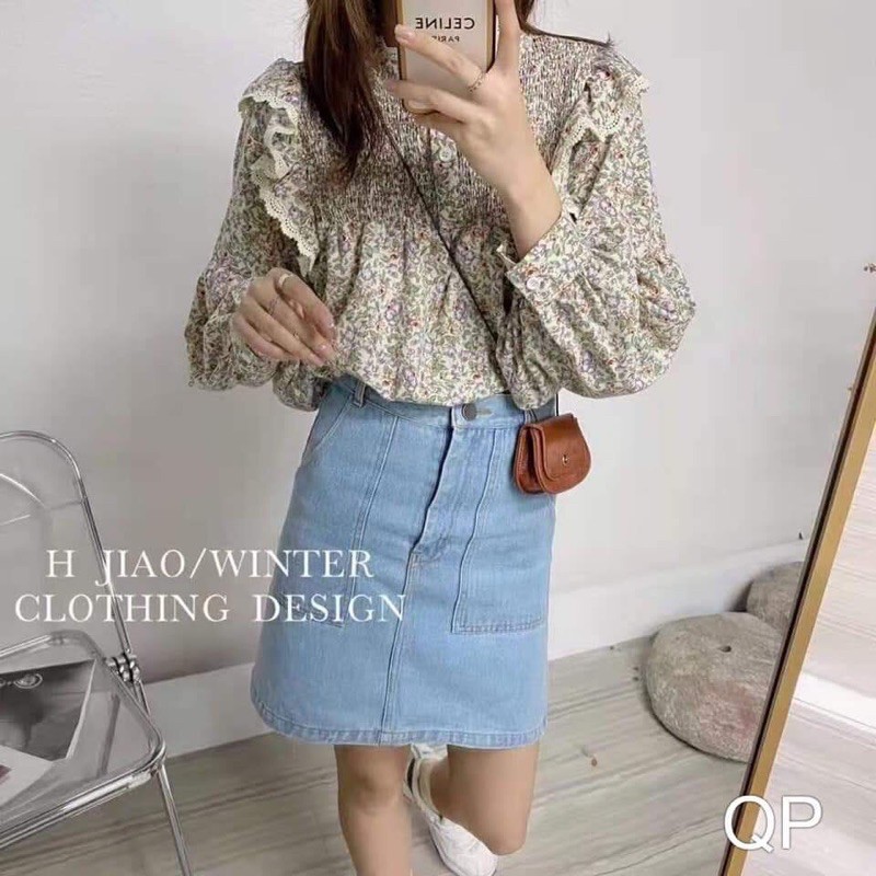 Áo sơ mi hoa chun ngực bèo vai