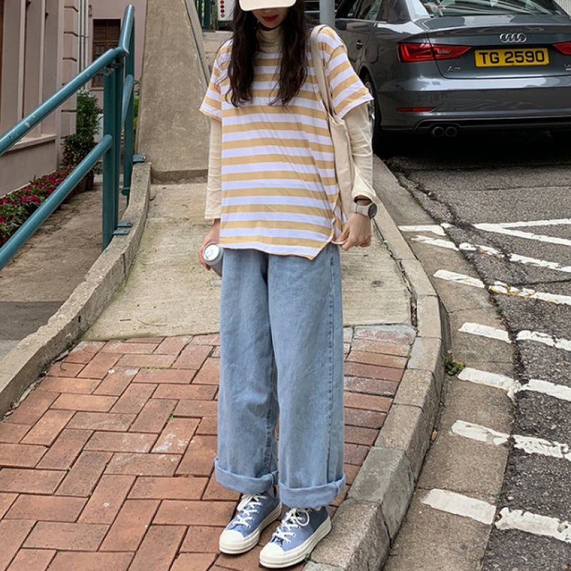 quần bò nữ straight-leg mopping daddy pants Korean loose drape high-waisted wide-leg pants