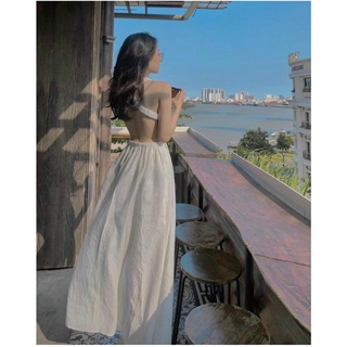 Đầm maxi trắng dây đan chéo lưng