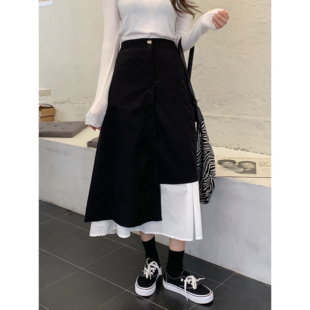 Chân Váy Dài Phối Lệch 2 Màu Đen Trắng, Dáng Ulzzang dài chất liệu đẹp CV009 | BigBuy360 - bigbuy360.vn