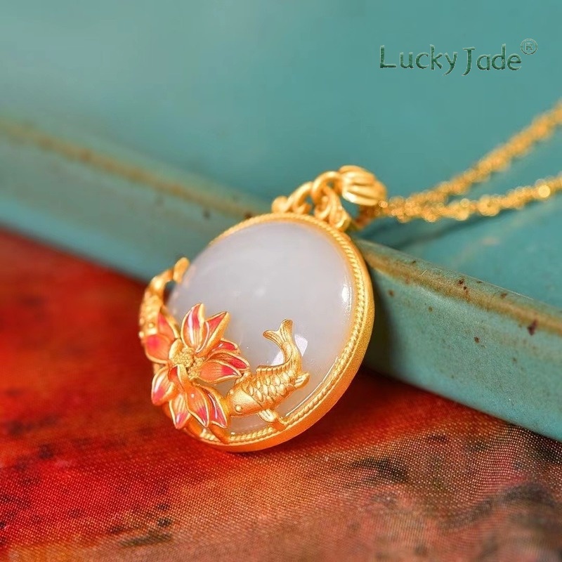 Vòng cổ Bạc Mặt Hình Hoa Sen Đính Ngọc Bích Trắng Phong Cách Trung Quốc