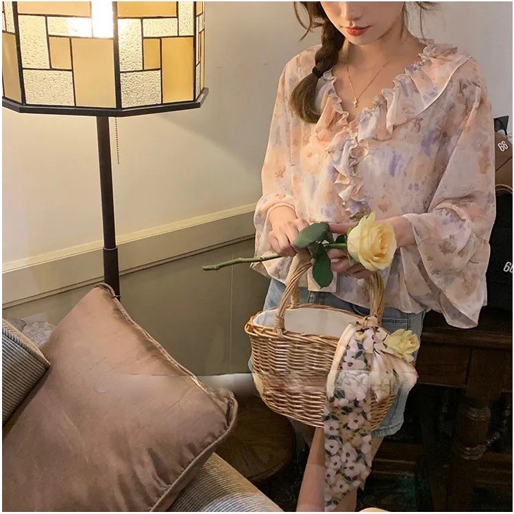 Áo Sơ Mi Chiffon Tay Lửng In Hoa Thời Trang Mùa Hè Pháp Cho Nữ 2021