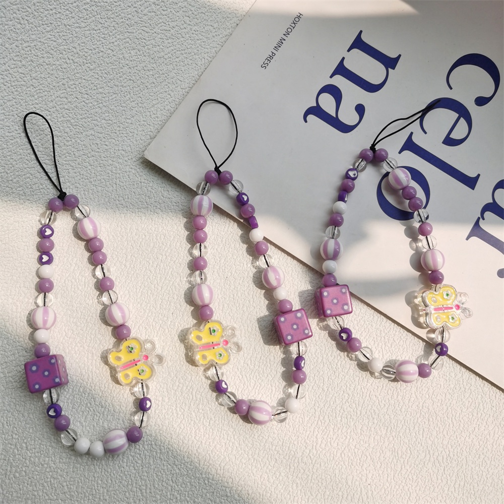 Dây Đeo Điện Thoại Acrylic Hình Bướm Màu Tím / Vàng Đính Hạt Ngọc Trai Chống Thất Lạc