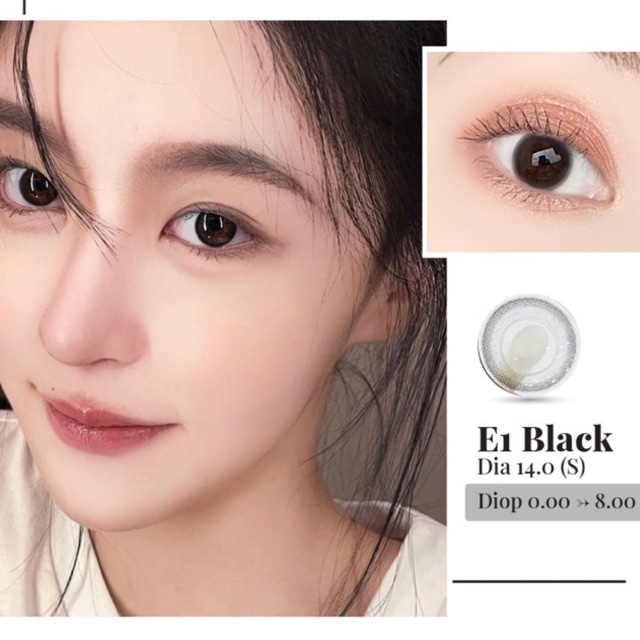 Lens Mắt , Kính Áp Tròng E1 BLACK Có Độ Cận và Không Độ , DIA 14.0 ,Cho Mắt Nhạy Cảm Giá Sale