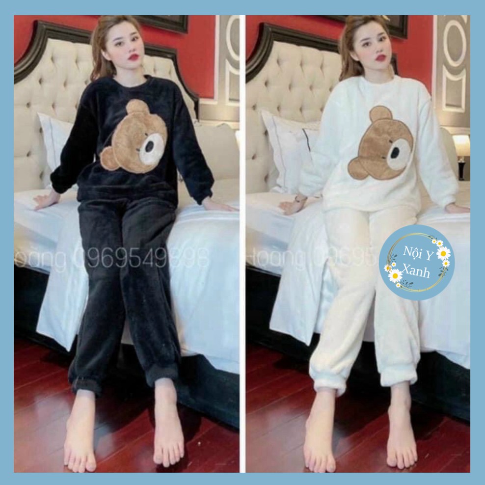 Bộ mặc nhà nữ, bộ ngủ gấu lông 2 mặt mềm mại chất thoáng mát, hút mồ hôi