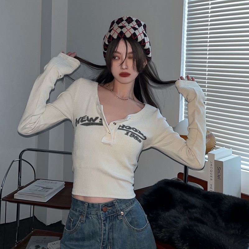 Áo Thun Tay Dài Dáng Ôm In Chữ Thời Trang Thu Đông