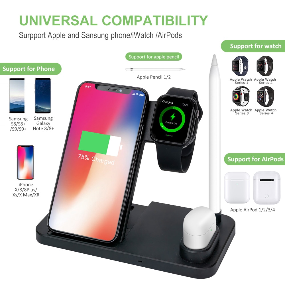 Đế Sạc Không Dây 4 Trong 1 Cho Iphone Huawei Xiaomi Airpods Apple Pencil