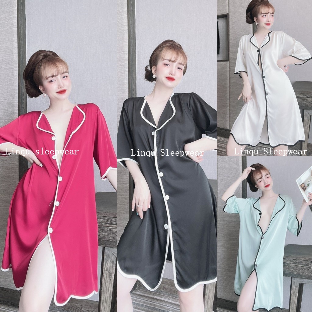 Váy ngủ sexy cổ sơ mi Linqustore chất latin mềm mát mặc ngủ gợi cảm, sang trọng Freesize 40-60kg