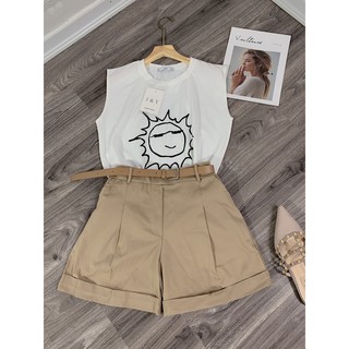Set Đồ Nữ, Set Áo Sát Nách Mặt Trời Mix Quần Short Thô Dáng Basic Hàng Loại 1 (Tặng kèm thắt lưng)
