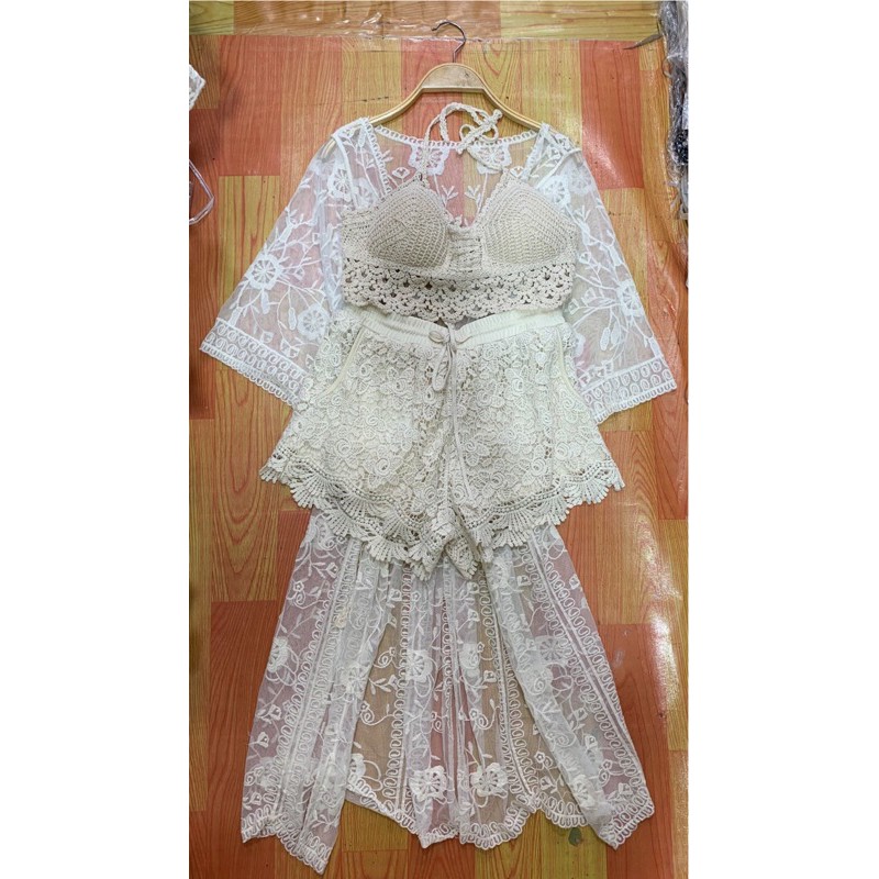 Set biển - set 3 món - bra vây cá + quần ren hoa đều + choàng ren dài ~120cm (có tách rời)