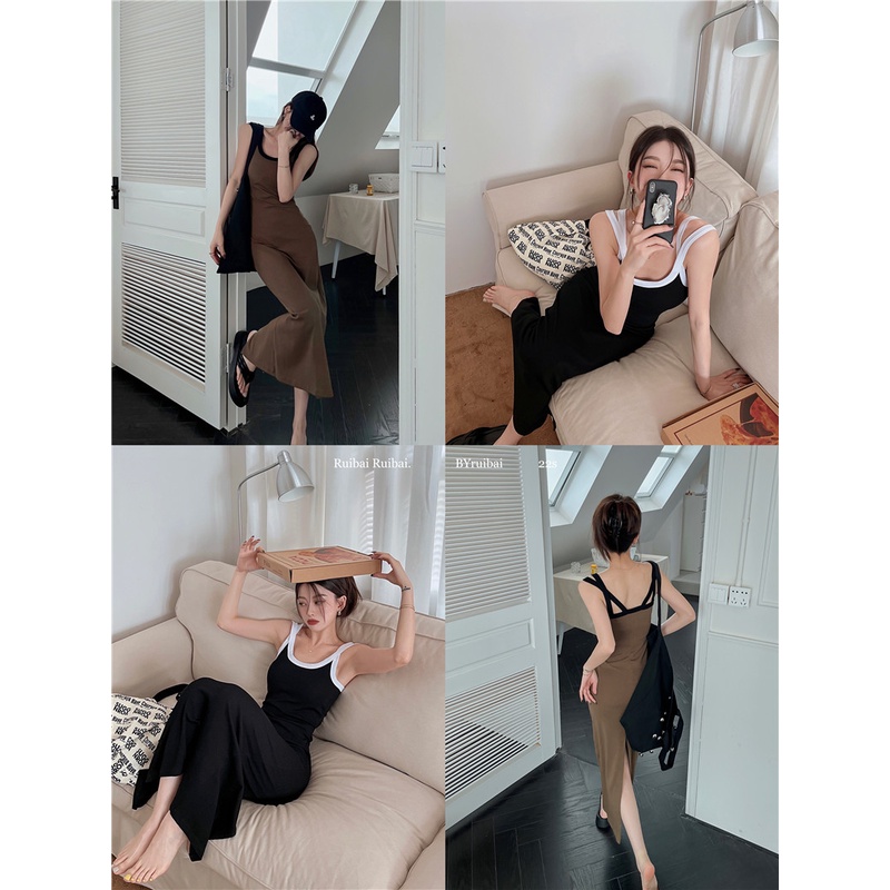 Váy body dáng dài dây đôi xẻ đuôi