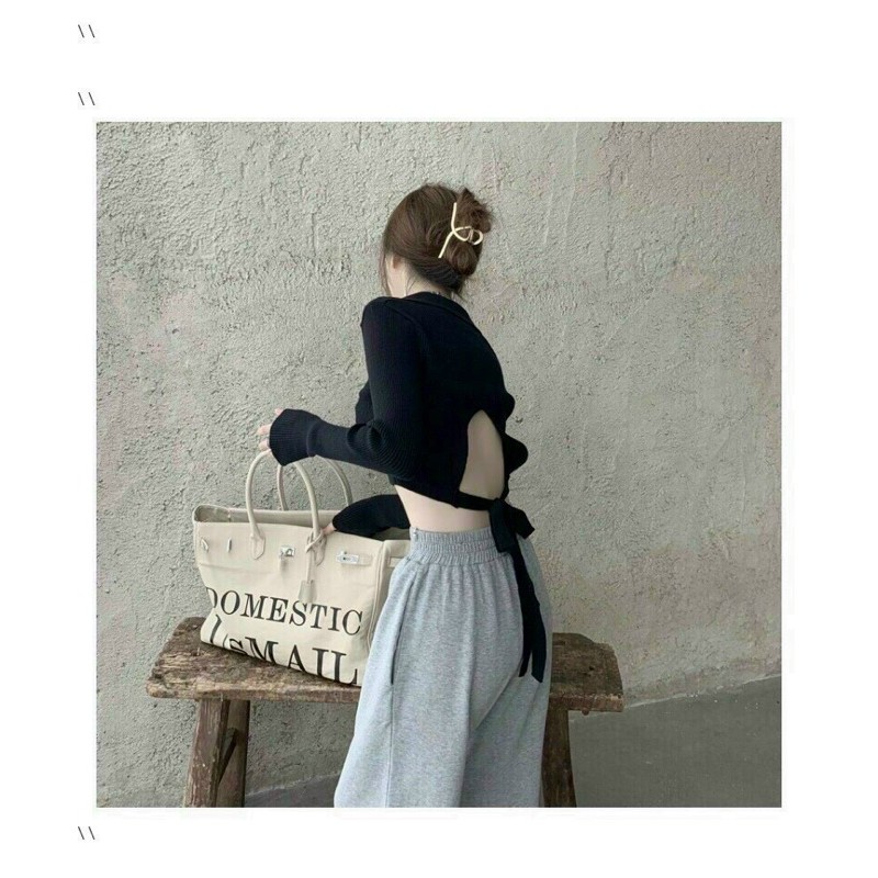 Áo croptop dạng polo tay dài hở lưng chất thun gân siêu sexy 🍓 | BigBuy360 - bigbuy360.vn