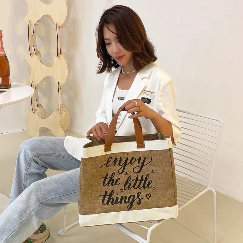Túi cói Vintage đi biển Enjoy The Little Things xịn xò mẫu mới size to - Túi xách cói du lịch ENJOY sang chảnh