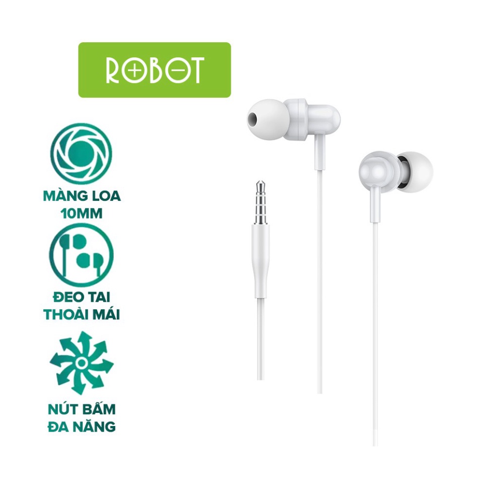 Tai Nghe Nhét Tai ROBOT RE20, Âm Bass Sống Động, Chất liệu dây TPE đàn hồi tốt, chống xoắn rối, truyền âm ổn định