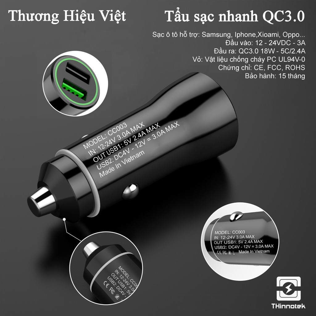 Tẩu sạc ô tô QC3.0 cho Iphone Samsung  2 cổng sạc đầy pin trong 2h [Chính hãng Thinnotek]