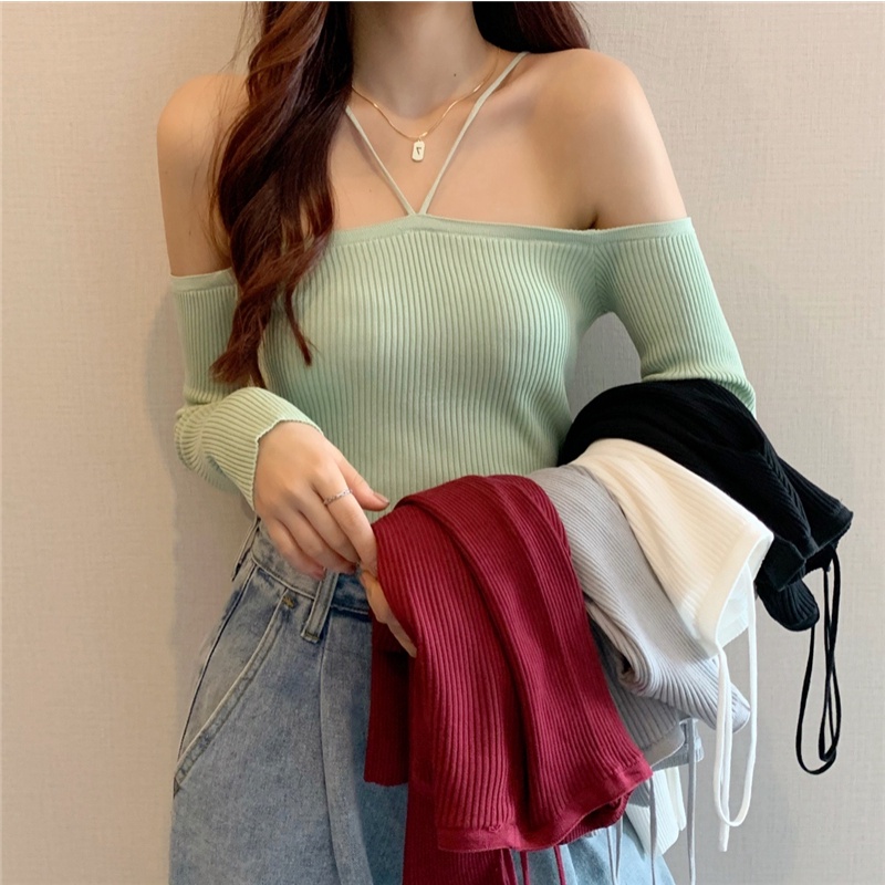 SUXI Áo dệt kim trễ vai màu sắc gợi cảm dành cho nữ