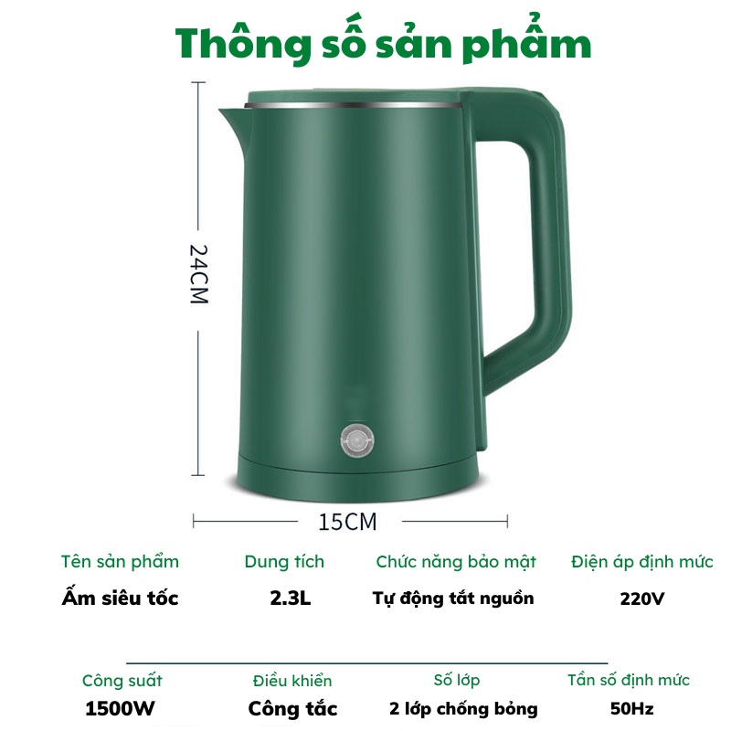 Ấm Siêu Tốc Dung Tích 2.3L Có Khả Năng Chịu Nhiệt Cao An Toàn Cho Người Sử Dụng Đèn Led Akio