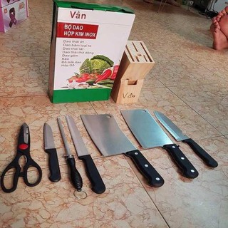 Bộ dao hợp kim inox kèm hộp gỗ đựng, Bộ dao 7 món nhà bếp