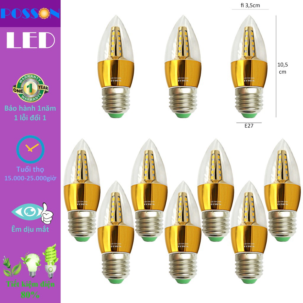 Giá Tốt -  10 Bóng đèn Led nến 5w quả nhót đuôi E27 sáng trắng-vàng nắng Posson LCP-5E27-27G