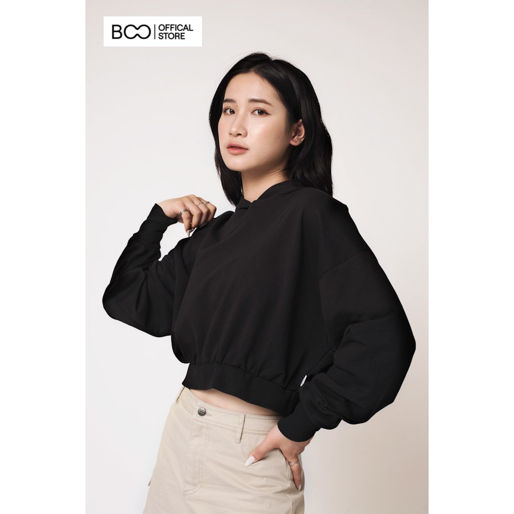 Áo hoodie nữ BOO nỉ có mũ, dáng croptop