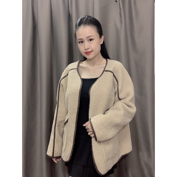 Áo khoác lông cừu cadigan không cổ ( hàng si )