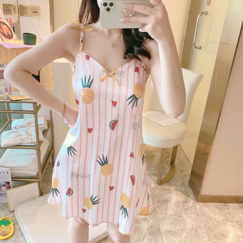 Váy ngủ - đầm ngủ 2 dây cao cấp  chất lụa mềm mát mặc mùa hè xinh xắn dễ thương V2D290